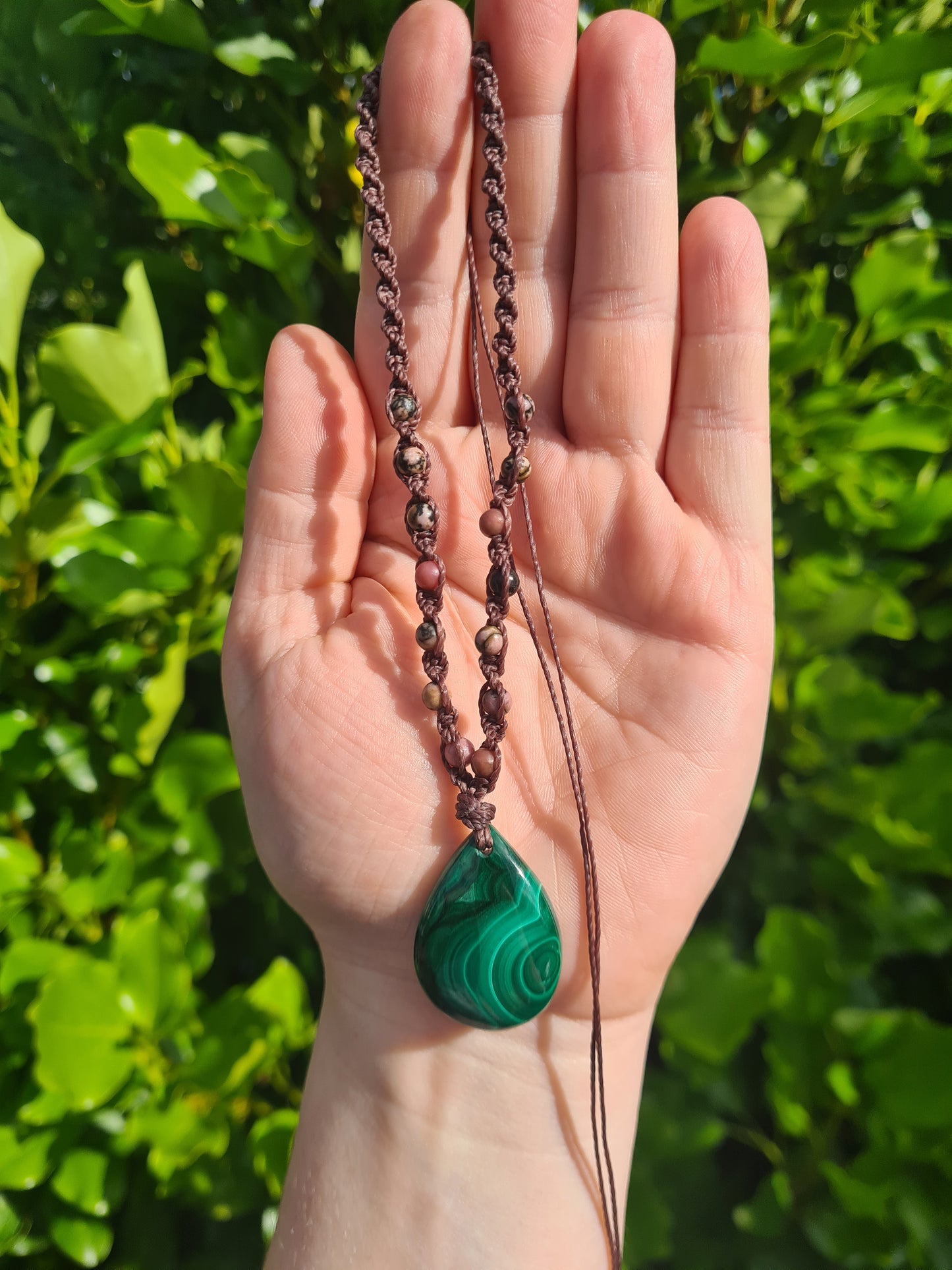 Adjustable Macrame Necklace - Malachite & Rhodonite