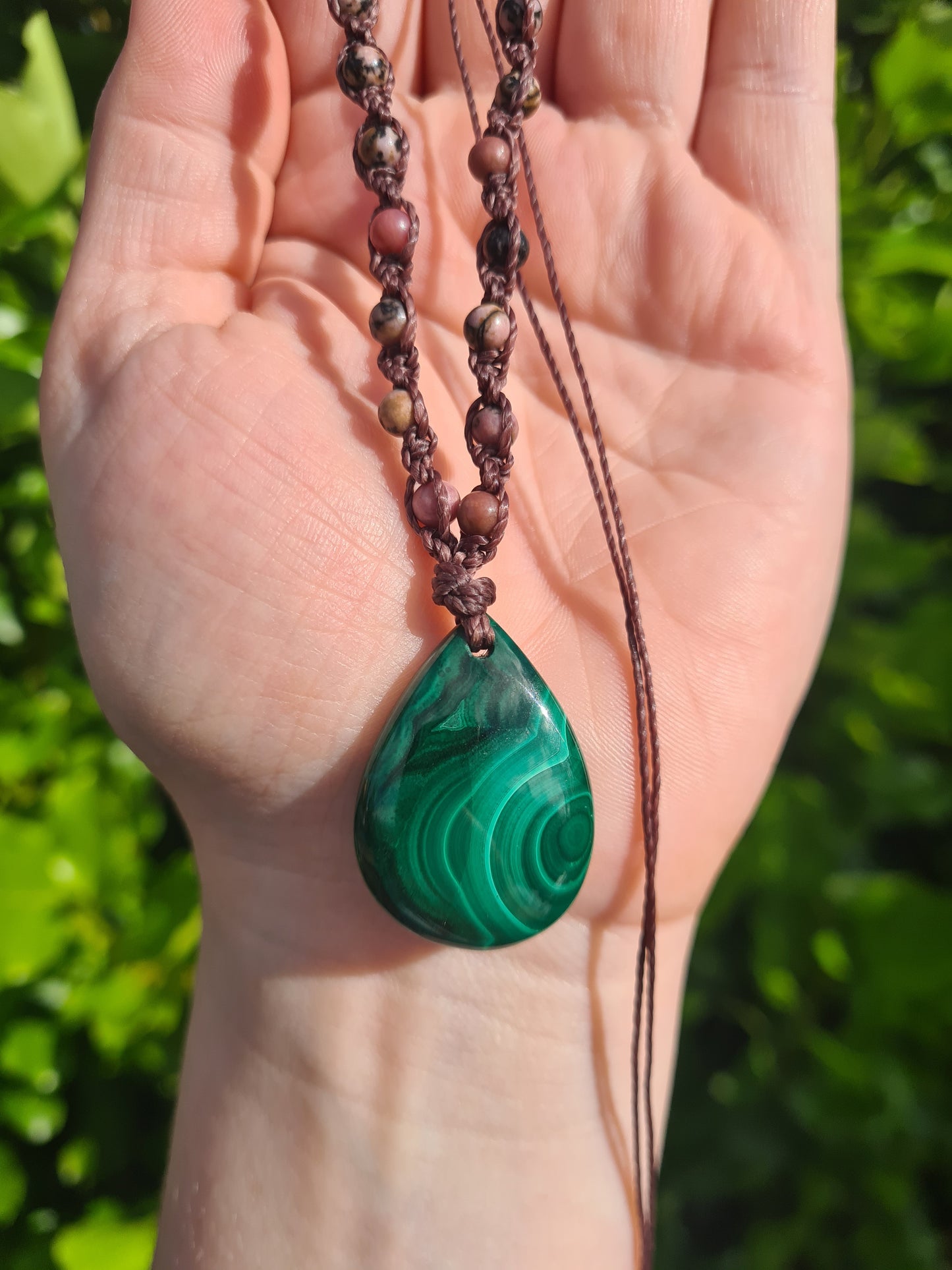 Adjustable Macrame Necklace - Malachite & Rhodonite