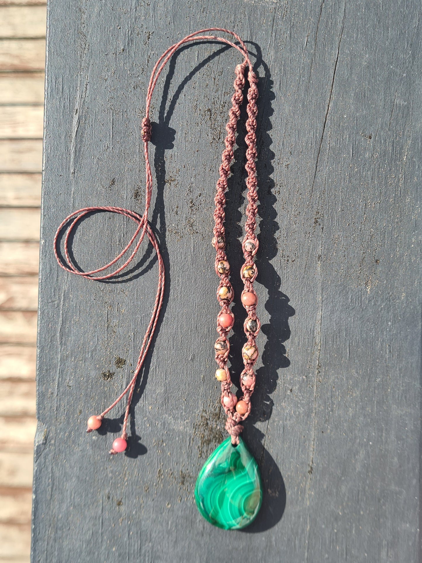 Adjustable Macrame Necklace - Malachite & Rhodonite