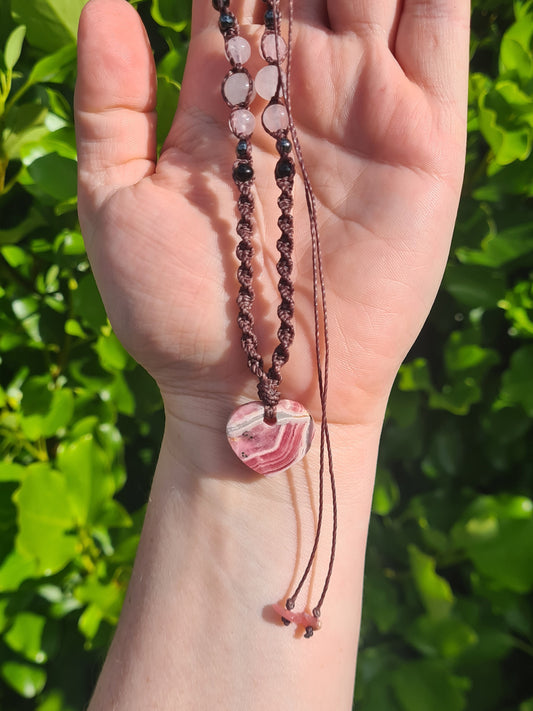 Adjustable Macrame Necklace - Rhodocrosite, Rose Quartz, Hematite & Obsidian