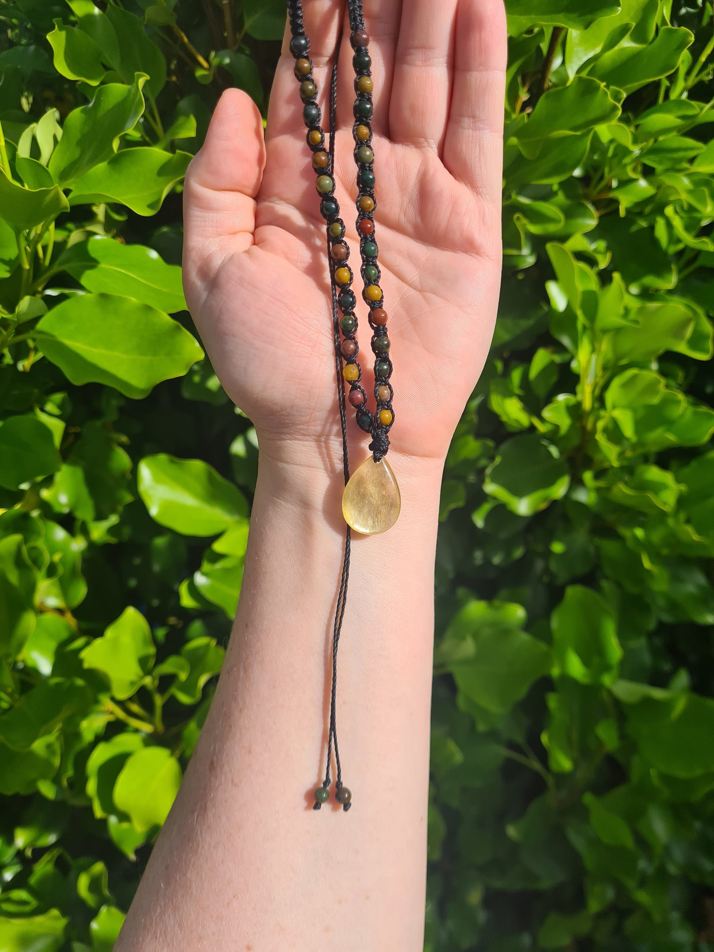 Adjustable Macrame Necklace - Golden Mica & Ocean Jasper