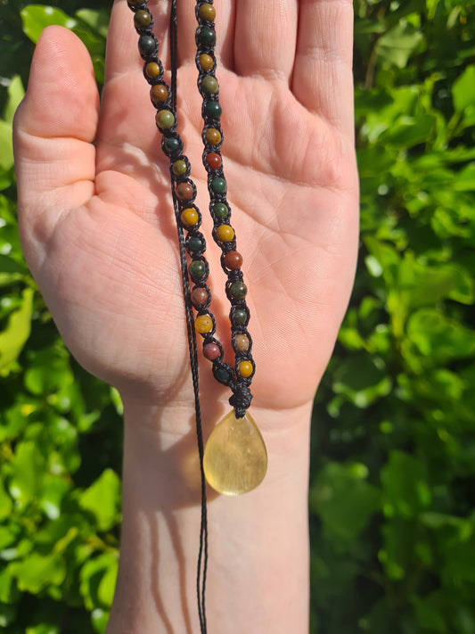 Adjustable Macrame Necklace - Golden Mica & Ocean Jasper