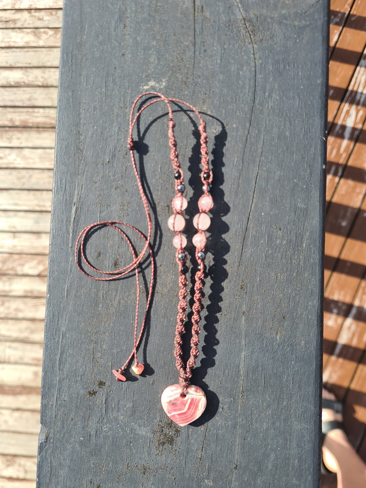 Adjustable Macrame Necklace - Rhodocrosite, Rose Quartz, Hematite & Obsidian