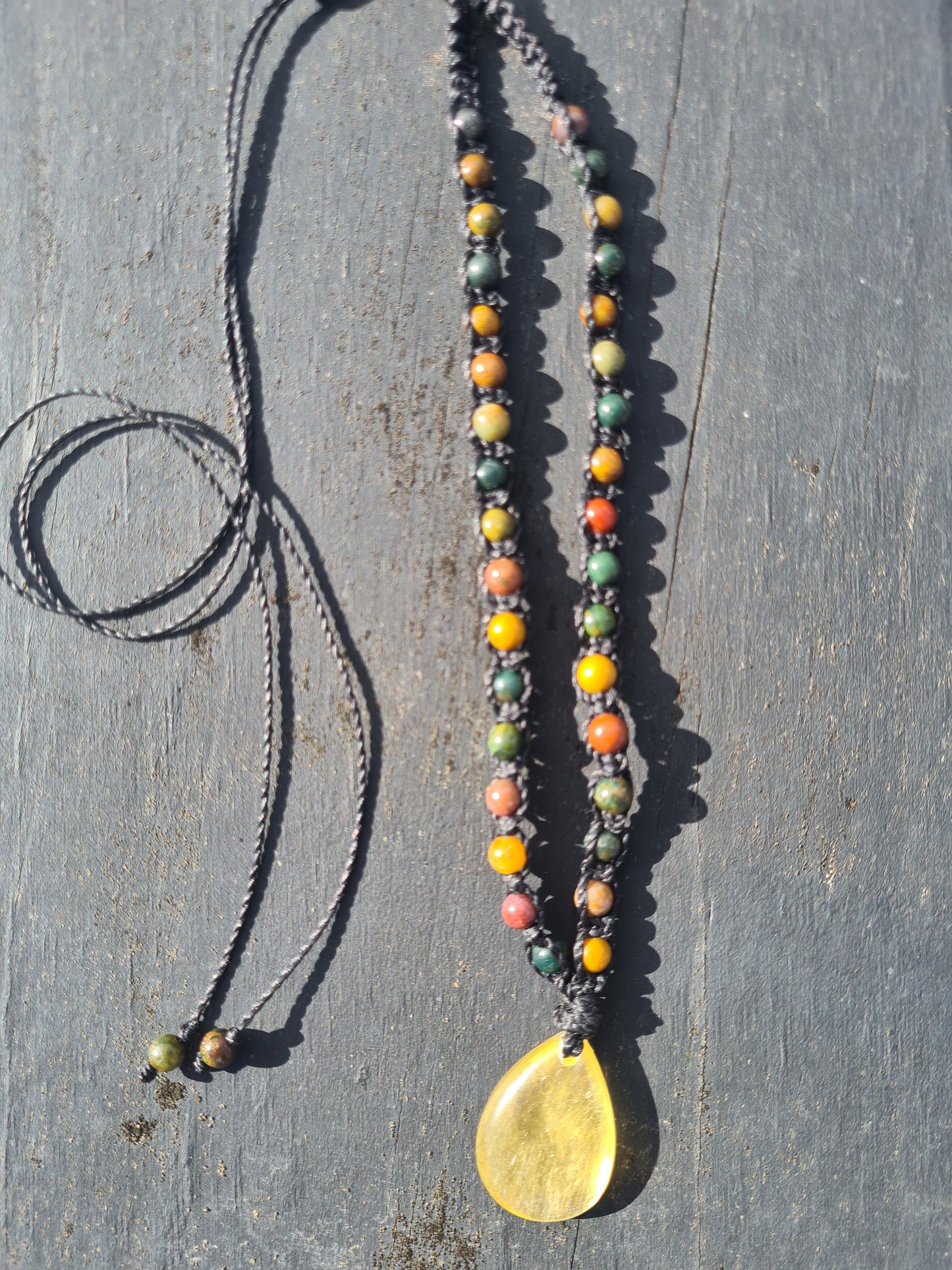 Adjustable Macrame Necklace - Golden Mica & Ocean Jasper